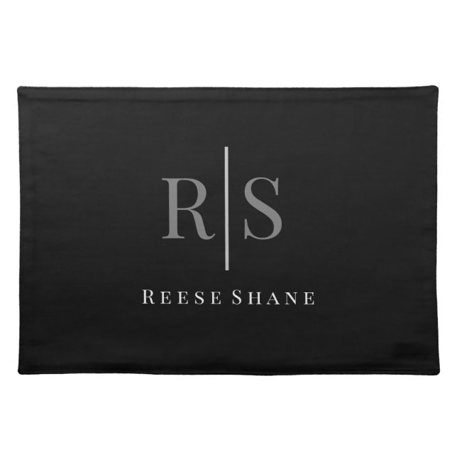 Elegant DIY Grey Monogram & White Name, Black Cloth Placemat (Front)