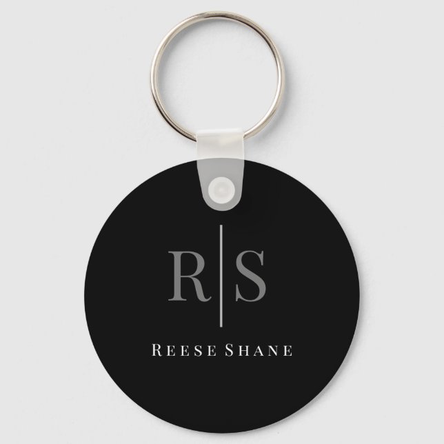 Elegant DIY Grey Monogram & White Name, Black Keychain (Front)