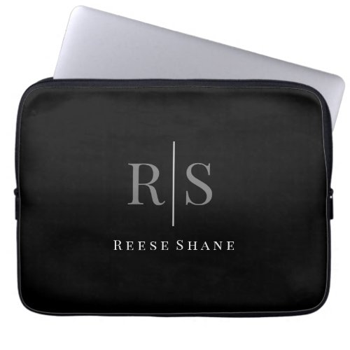 Elegant DIY Grey Monogram  White Name Black Laptop Sleeve