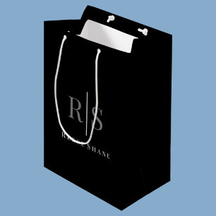 Elegant DIY Grey Monogram & White Name, Black Medium Gift Bag