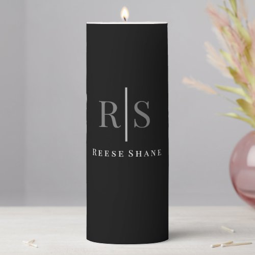 Elegant DIY Grey Monogram  White Name Black Pillar Candle