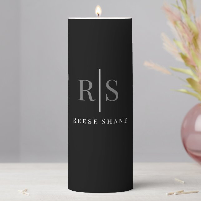 Elegant DIY Grey Monogram & White Name, Black Pillar Candle (In Situ)
