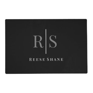 Elegant DIY Grey Monogram & White Name, Black Placemat