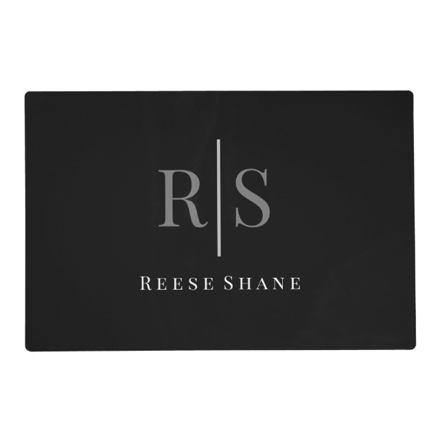 Elegant DIY Grey Monogram & White Name, Black Placemat (Front)