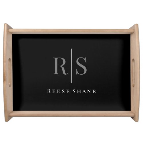 Elegant DIY Grey Monogram  White Name Black Serving Tray