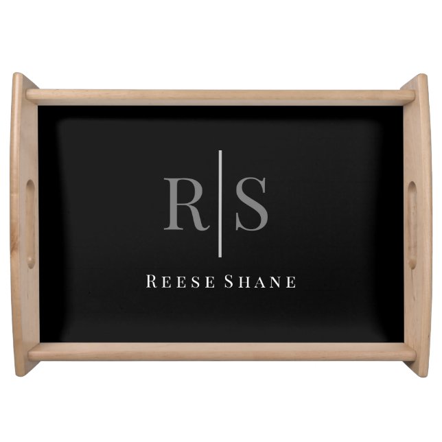 Elegant DIY Grey Monogram & White Name, Black Serving Tray (Front)