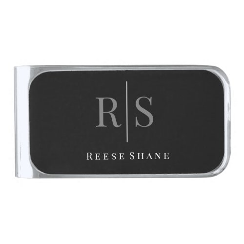 Elegant DIY Grey Monogram  White Name Black Silver Finish Money Clip