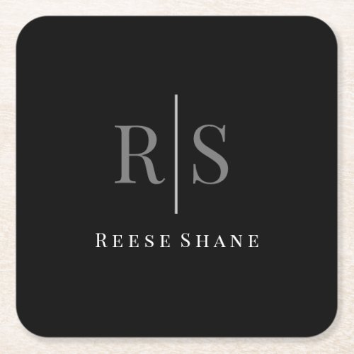 Elegant DIY Grey Monogram  White Name Black Square Paper Coaster