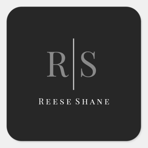 Elegant DIY Grey Monogram  White Name Black Square Sticker