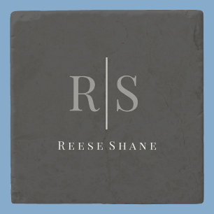 Elegant DIY Grey Monogram & White Name, Black Stone Coaster