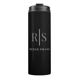 Elegant DIY Grey Monogram & White Name, Black Thermal Tumbler