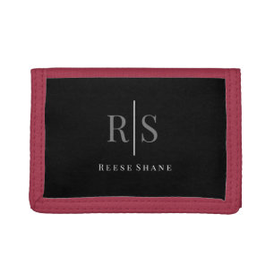 Elegant DIY Grey Monogram & White Name, Black Trifold Wallet