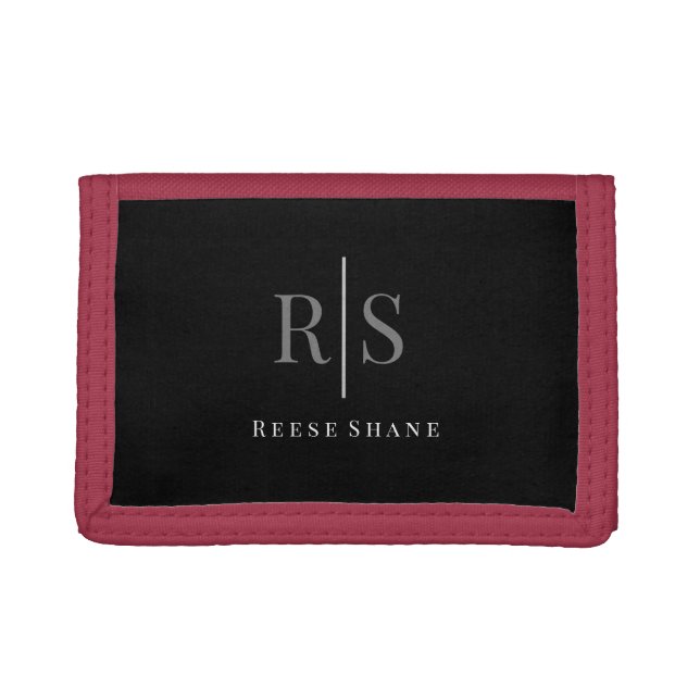 Elegant DIY Grey Monogram & White Name, Black Trifold Wallet (Front)
