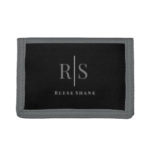 Elegant DIY Grey Monogram & White Name, Black Trifold Wallet
