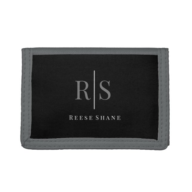 Elegant DIY Grey Monogram & White Name, Black Trifold Wallet (Front)