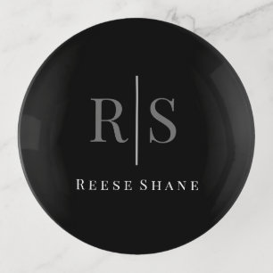 Elegant DIY Grey Monogram & White Name, Black Trinket Tray