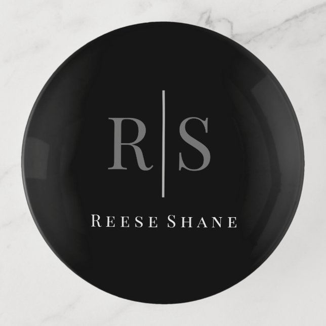 Elegant DIY Grey Monogram & White Name, Black Trinket Tray (Front)