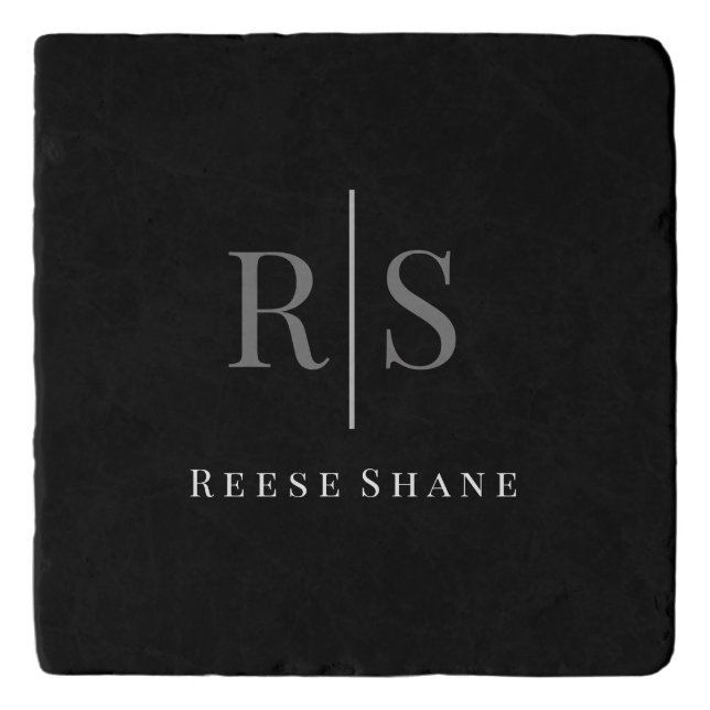 Elegant DIY Grey Monogram & White Name, Black Trivet (Front)