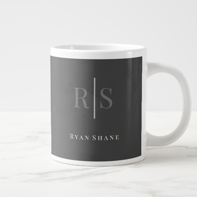 Elegant DIY Grey Monogram & White Name, Dark Grey Giant Coffee Mug (Right)