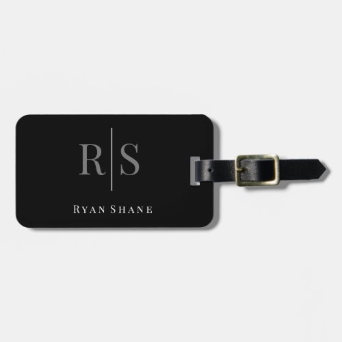 Elegant DIY Grey Monogram  White Name Info Black Luggage Tag