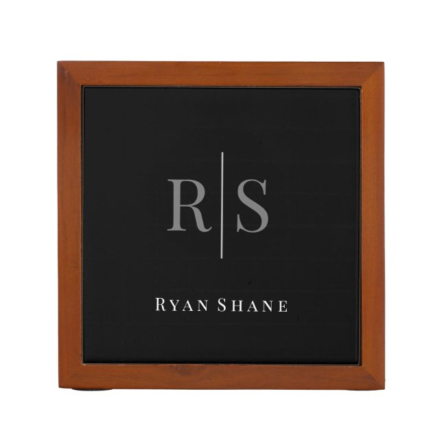 Elegant DIY Grey Monogram & White Name on Black Desk Organizer (Front)