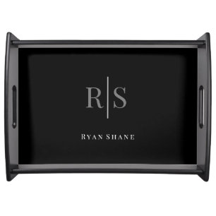 Elegant DIY Grey Monogram & White Name on Black Serving Tray