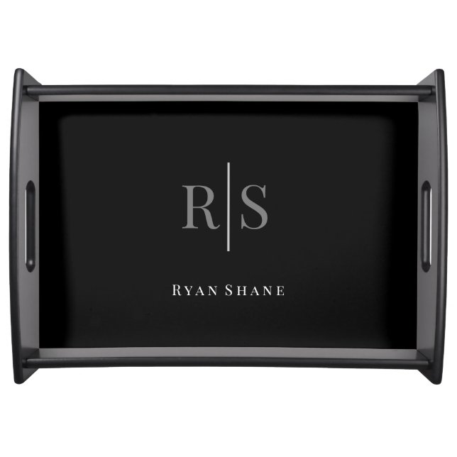 Elegant DIY Grey Monogram & White Name on Black Serving Tray (Front)