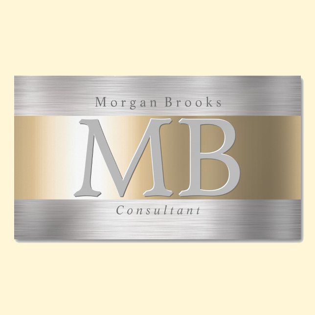 Elegant DIY Monogram Name, Brushed Steel & Gold Business Card Magnet (Creator Uploaded)