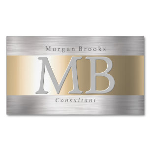 Elegant DIY Monogram Name, Brushed Steel & Gold Business Card Magnet