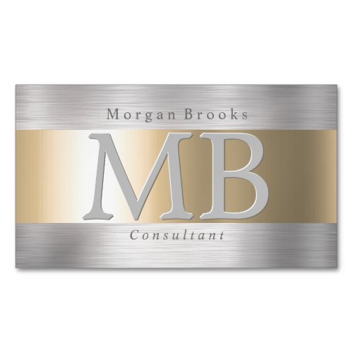 Elegant DIY Monogram Name Brushed Steel  Gold Business Card Magnet