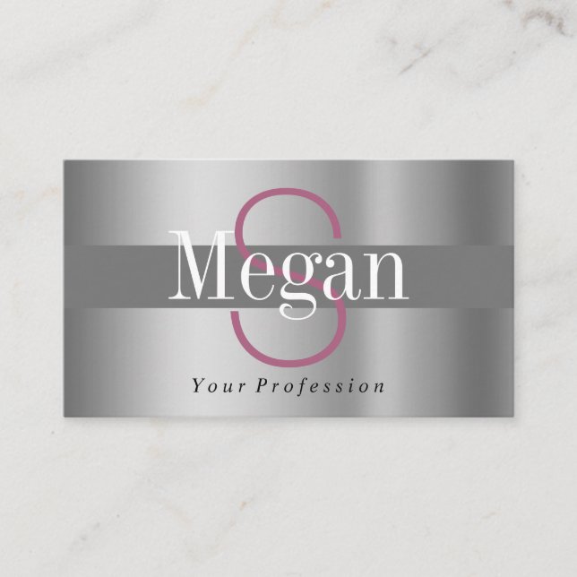 Elegant DIY Monogram Name, Silver Maroon Gray Business Card (Front)