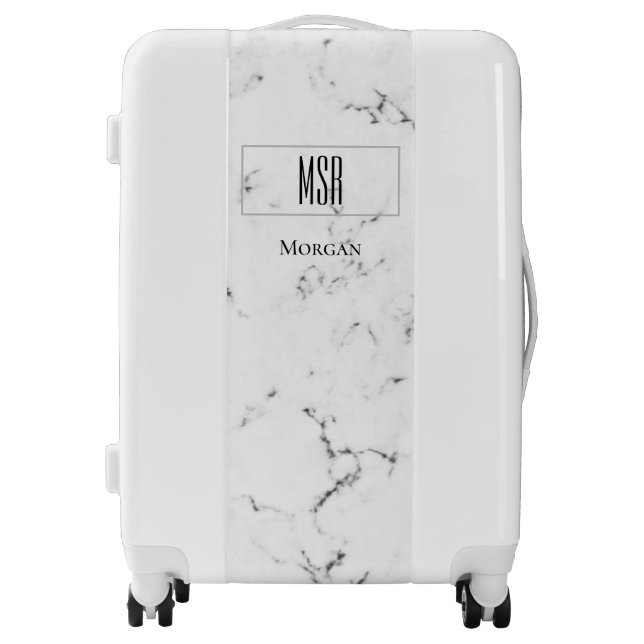 Elegant DIY Monogram & Name, White Marble Luggage (Front)