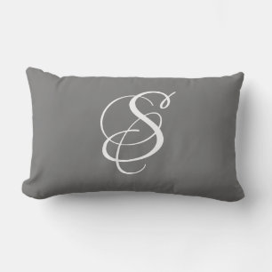 Elegant DIY White Script Monogram & Surname/Grey Lumbar Pillow
