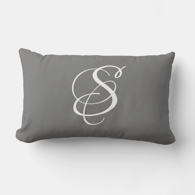 Elegant DIY White Script Monogram & Surname/Grey Lumbar Pillow (Front)