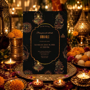 Elegant Diyas Black and Golden Diwali Invitation