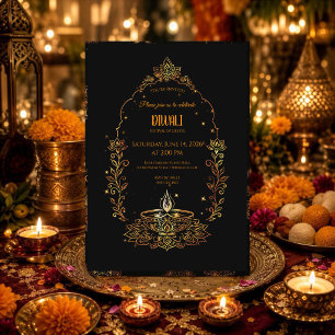 Elegant Diyas Black and Golden Diwali Invitation