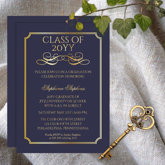 Elegant Dk Blue University Graduation Party Gold Foil Invitation (Elegant Dark Blue College | University Graduation Announcement and Party Gold Foil Invitation)