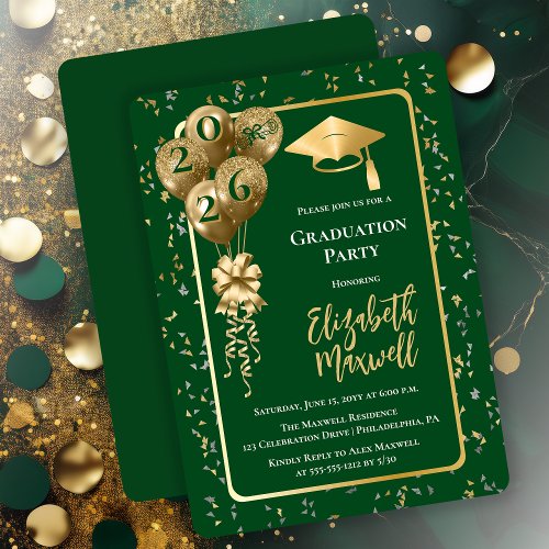 Elegant Dk Green Gold Balloons Graduation Party