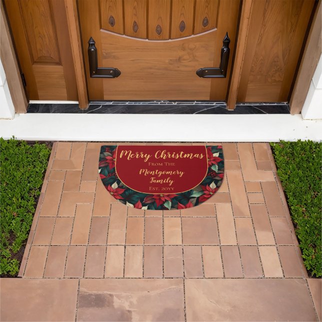 Elegant Dk Poinsettia Floral Merry Christmas Name Doormat (Outdoor)