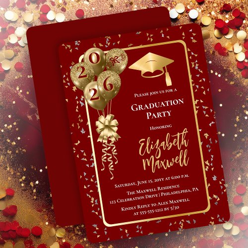 Elegant Dk Red Gold Balloons Graduation Party