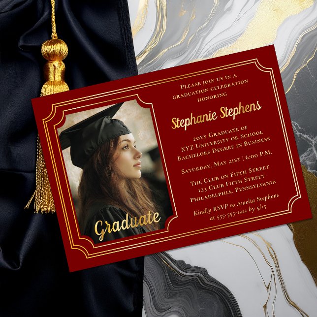 Elegant Dk Red & Gold Photo Graduation Party  Foil Invitation (Elegant Dark Red and Gold Foil Graduation Party Invitation with Photo and Scalloped Frame)