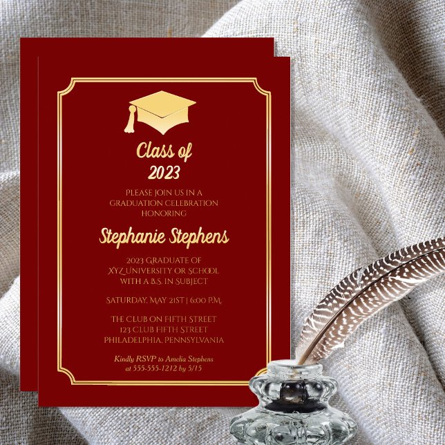 Elegant Dk Red University Graduation Party Gold Foil Invitation (Creator Uploaded)