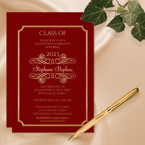 Elegant Dk Red University Graduation Party Gold  Foil Invitation