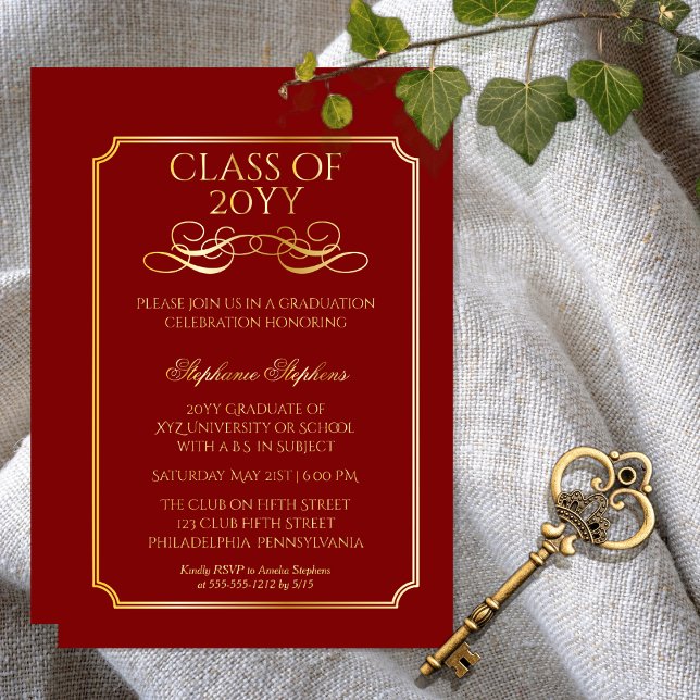 Elegant Dk Red University Graduation Party Gold  Foil Invitation (Elegant Dark Red College or University Non Photo Graduation Announcement Party Gold Foil Invitation)