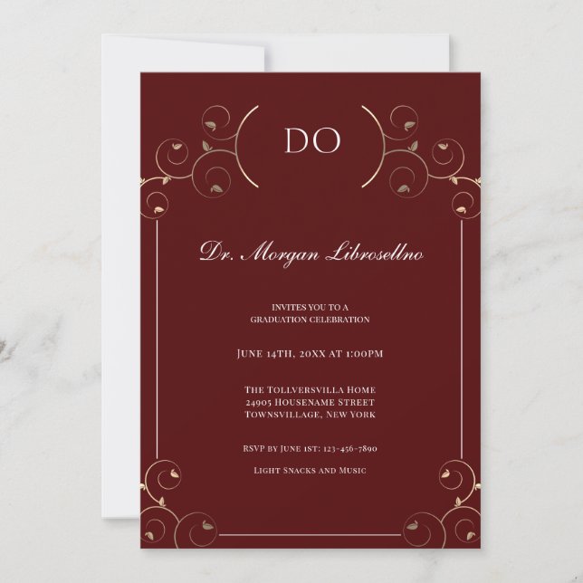 Elegant DO Gold Burgundy Graduation Invitation (Front)
