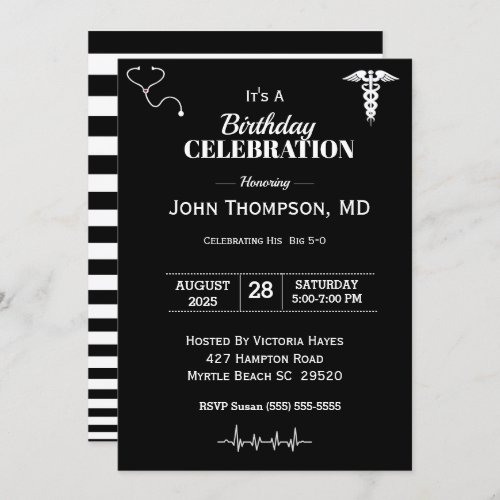 Elegant Doctor Birthday Party Black and White   Invitation