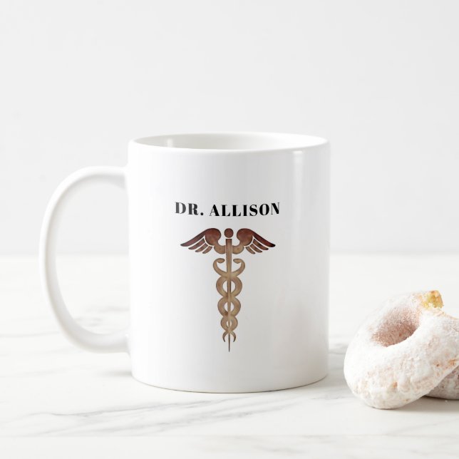 Elegant Doctor Gold Caduceus Symbol Personalized  Coffee Mug (With Donut)