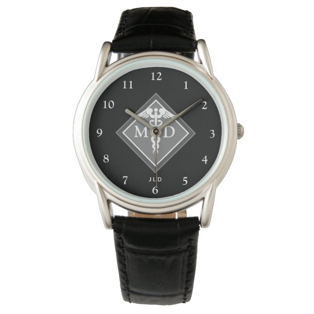 Elegant Doctor MD Caduceus Black Grey Monogram  Watch (Front)