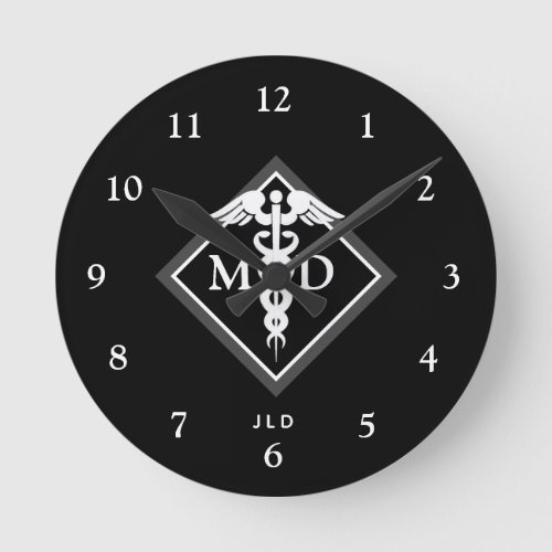 Elegant Doctor MD Caduceus Black Monogrammed Round Clock