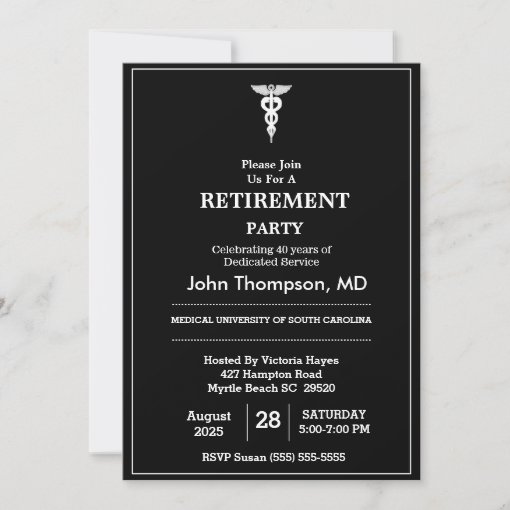 Elegant Doctor Retirement Party Black and White In Invitation | Zazzle